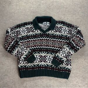 Vintage 90s Women’s Paris Sport Club Fair Isle V Neck Green Sweater Knit Medium